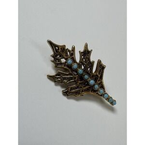 Vintage Gold Tone Filigree Leaf Pin Brooch Teal Beads Stones 1.5‎ Inch